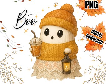 Cute Halloween Ghost PNG, Kawaii Spooky Clipart (Digital Download)