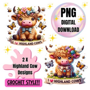 Highland Cows Stickerei Stil Digitale Clipart PNG, Sublimationsdrucke, DTF Transfer Bilder, niedliche Tier Clipart Stil Tumbler Design