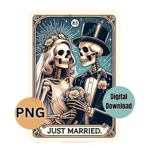 Just Married lustige Skelett Tarot Karte PNG, Sublimationsdruck, DTF Transferbilder, Skelett Bild - Karten, Einladungen, Hochzeitstag Clipart