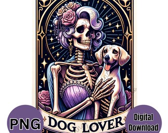 犬好きのための面白いタロットカード風PNGクリップアート、昇華プリント、転写画像、スカルタロットTシャツデザイン、スケルトンpng、犬のママpng