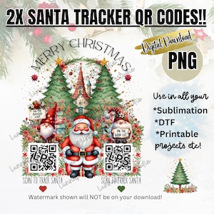 May include: A digital PNG file with a Christmas theme. The design features Santa Claus, gnomes, Christmas trees, and the text "Merry Christmas." Includes QR codes for tracking Santa. The text "2X SANTA TRACKER QR CODES!!" is at the top.