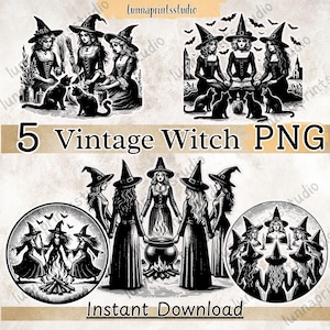 May include: Five vintage witch illustrations in black and white. The witches are wearing pointed hats and long robes. They are holding wands, brooms, and books. The illustrations are set against a background of stars and moons.