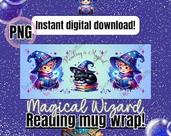 昇華マグカップラップ PNG デザイン - 11 オンスマグカップテンプレート - 子供用 - ウィザード クリップアート - 読書をテーマにした昇華魔法の呪文クリップアート、即時ダウンロード