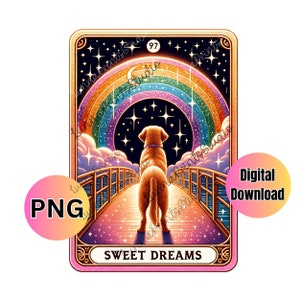 Rainbow Bridge Dog pérdida Tarot Card PNG diseño, Descarga digital de mascota de sublimación, en memoria de una mascota amada arte de pared de imagen brillante imprimible