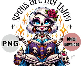 PNG spreuken clipart, grappige sublimatie print, DTF-overdrachtsafbeelding, T-shirtontwerpen voor dames, skelet png-unieke heksen kunst aan de muur, Witchy png