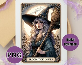 Karta tarota WITCH Broomstick Lover inspirowana projektem PNG, karta tarota czarownicy, nadruk sublimacyjny, obraz transferowy, pobieranie cyfrowe, clipart czarownicy