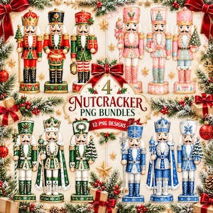 Peut inclure: Une collection de douze casse-noisettes de différentes couleurs, dont rouge, vert, rose, bleu et argent, disposés en grille avec le texte 4 NUTCRACKER PNG BUNDLES 12 PNG DESIGNS au centre parmi des branches de pin et des nœuds rouges.