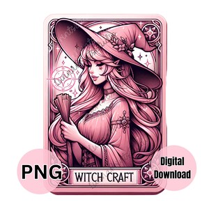 以下が含まれることがあります： ピンクと白のデジタルイラストで、長いピンクの髪をした魔女が、とがった帽子とピンクのドレスを着ています。画像には「WITCH CRAFT」というテキストが書かれたフレームがあります。