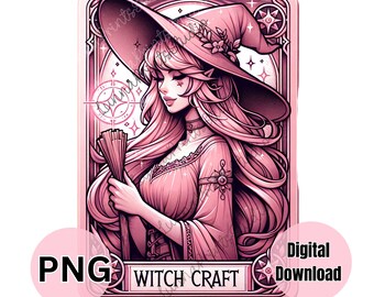 WITCH CRAFT Tarot Card Inspired PNG design, witchy tarot card, Sublimation print, transfer image, digital download, pink Witches clipart