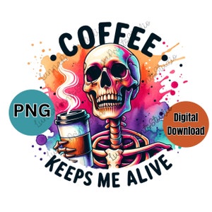 Impression par sublimation de crâne de PNG café squelette, images de transfert drôles DTF pour mugs, clipart nouveauté pour la conception de t-shirt pour femmes, aquarelle png