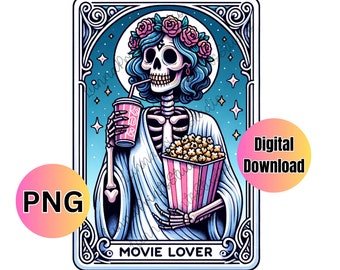May include: A digital illustration of a skeleton wearing a white robe and a flower crown, holding a cup of soda and a bucket of popcorn. The image is set against a blue background with stars and a moon. The text "MOVIE LOVER" is at the bottom of the image.