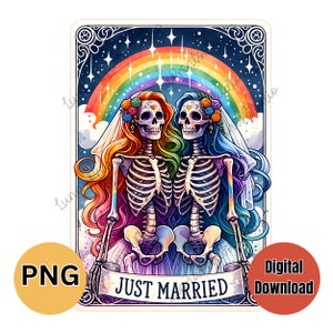 Vrouwtjes zijn net getrouwd grappige Tarot Card PNG, Sublimatie print, DTF overdracht afbeeldingen, Skeleton afbeelding-kaarten, uitnodigingen, trouwdag clipart