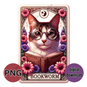 Bücherwurm Katzen-Tarot-Karte inspiriert, Lesedesign, Buch PNG Clipart, lustige Tarotkarte, Sublimationsdruck, Transferbild, digitaler Download,