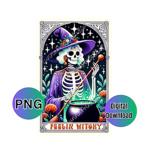 Witchy Skeleton Tarot Card PNG Clipart, Witch Sublimation prints, Dtf transfer images, Skull Tarot t-shirt design, skeleton png for mugs,