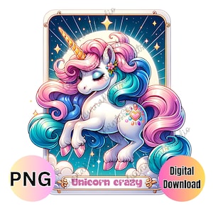 Diseño PNG inspirado en Unicorn Crazy Tarot Card, impresión por sublimación, transferencia de imagen, descarga digital, clipart mágico de unicornio, diseño de camiseta para niños