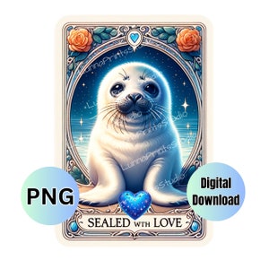 Carte de tarot PNG scellée avec impression par sublimation, images de transfert DTF, joli design de t-shirt de phoque, design de tasse à sublimation Sealife-plage png thumbnail