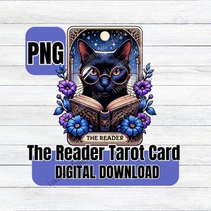 Schwarze Katze Tarot-Karte inspiriert, Das Leser-Design, Buch PNG Clipart, lustige Tarot-Karte, Sublimationsdruck, Transferbild, digitaler Download,
