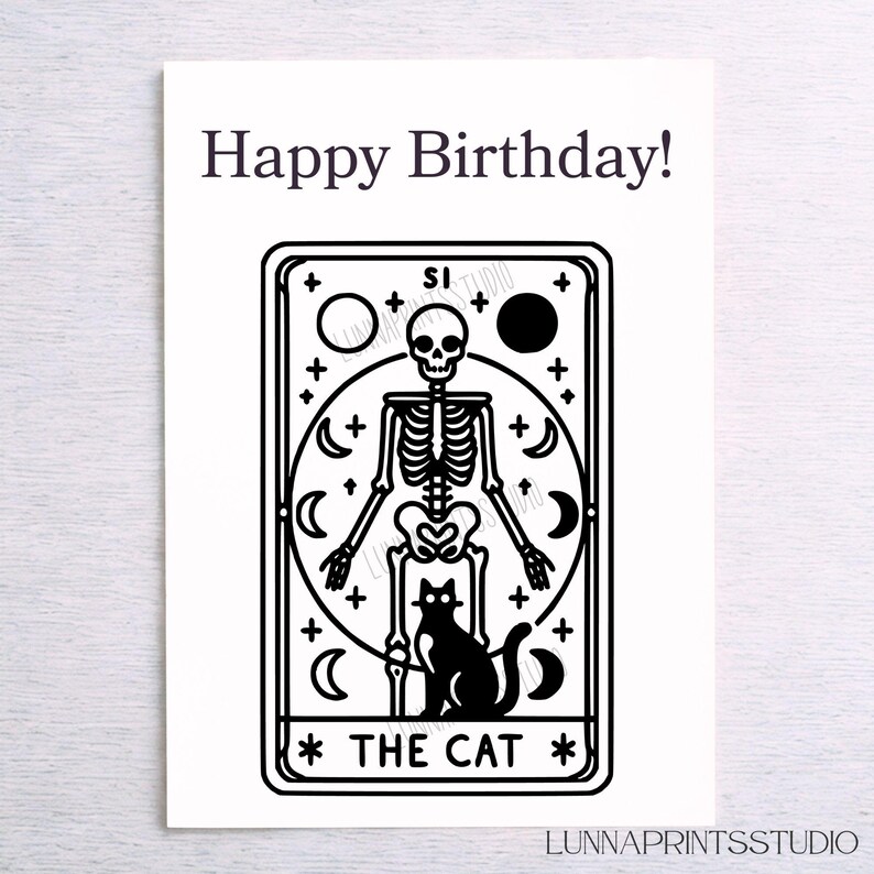May include: Black and white illustration of a tarot card with a skeleton and a black cat. The card is titled "The Cat".