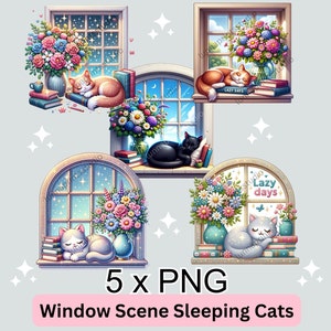5 PNGS pour amoureux des chats mignons pour impressions par sublimation, images de transfert DTF Cat pour mugs, clipart pour conception de t-shirt pour femmes, scène de fenêtre aquarelle