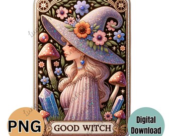 GOOD WITCH Tarot Card PNG design, Glittery witchy tarot card, Sublimation print, transfer image, digital download, Witches clipart, crystals