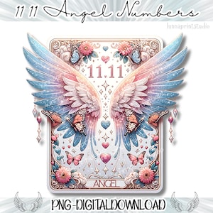 Puede incluir: Una descarga digital de una imagen imprimible que presenta alas de ángel con un efecto brillante. Las alas son rosadas y azules con un centro blanco. La imagen también incluye el número 11.11 y la palabra "ángel" en una fuente decorativa.