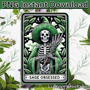 Diseño de cartas del Tarot de la Bruja Obsesionada con la Sabia - PNG para sublimación - DTF - Arte imprimible - clipart divertido - Tarot de bruja para principiantes - imágenes de brujas - Tarot de esqueletos