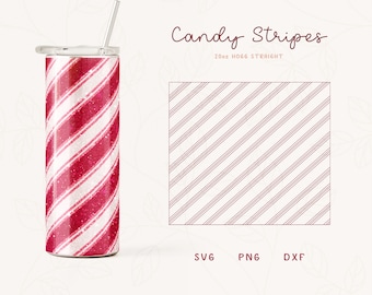 Könnte beinhalten: Ein gerader Edelstahlbecher mit 20 oz Fassungsvermögen mit einem rot-weißen Zuckerstangen-Streifenmuster. Der Becher hat einen silbernen Deckel und einen durchsichtigen Strohhalm. Der Text "Candy Stripes" und "20oz H066 STRAIGHT" ist auf dem Bild gedruckt. Das Bild enthält auch die Wörter "SVG", "PNG" und "DXF".