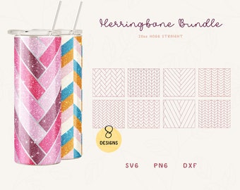 May include: Two 20oz straight stainless steel tumblers with a herringbone pattern. The tumblers are pink and blue with glitter. The image also shows eight different herringbone patterns in black and white.