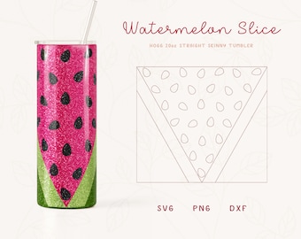 May include: A 20oz straight skinny tumbler with a watermelon slice design. The tumbler is pink with black seeds and green accents. The design is also available as a SVG, PNG, and DXF file.