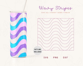 May include: A 20oz straight skinny tumbler with a wavy stripe design in pink, blue, and white. The tumbler has a glitter finish. The design is also available as a digital download in SVG, PNG, and DXF formats.
