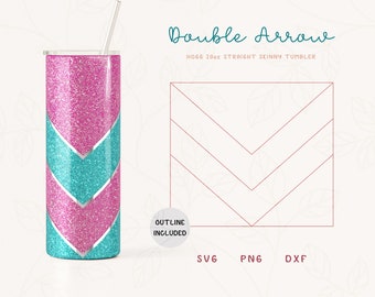 May include: A pink and turquoise glitter tumbler with a double arrow design. The tumbler is 20 oz and has a straight skinny shape. The design is also available as a digital download in SVG, PNG, and DXF formats.