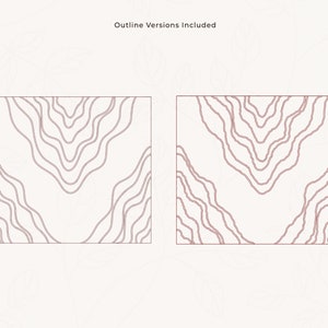 May include: Two square designs with a white background and a pattern of wavy, reddish-brown lines. The text "Outline Versions Included" is at the top. The designs are similar, with the lines arranged in a symmetrical, flowing manner.