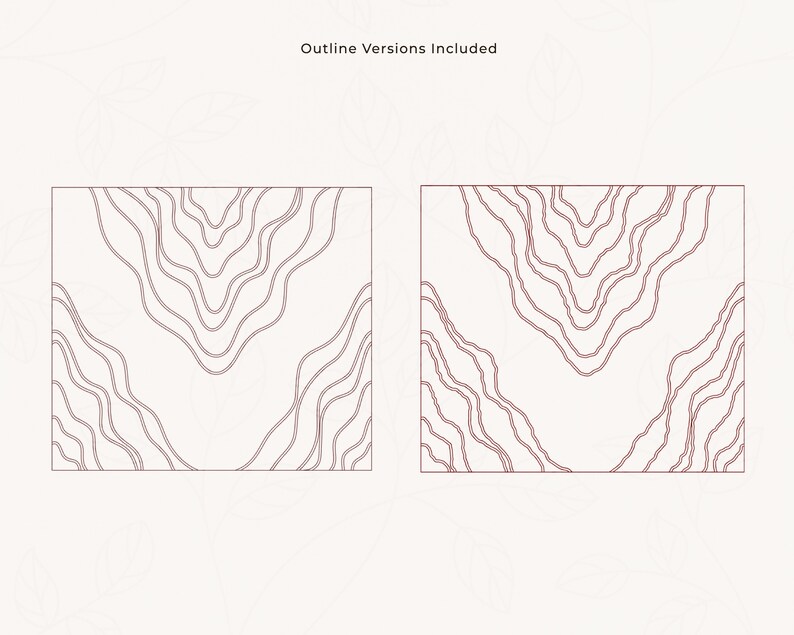 May include: Two square designs with a white background and a pattern of wavy, reddish-brown lines. The text "Outline Versions Included" is at the top. The designs are similar, with the lines arranged in a symmetrical, flowing manner.