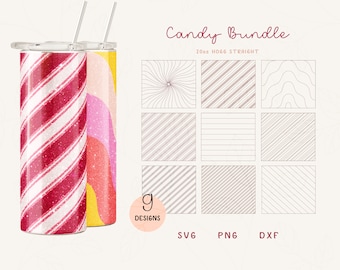 May include: Candy Bundle 20oz  straight tumbler designs.  Nine different designs include candy cane stripes, wavy lines, and geometric patterns.  SVG, PNG, and DXF files included.