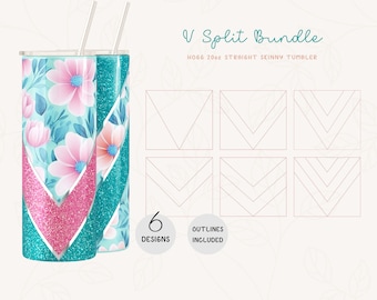 May include: Two 20oz straight skinny tumblers with a floral design on one side and a pink glitter design on the other. The tumblers are separated by a white background with six V-shaped outlines. The text "V Split Bundle" and "HOGG 20oz STRAIGHT SKINNY TUMBLER" are at the top of the image. The text "6 DESIGNS" and "OUTLINES INCLUDED" are at the bottom of the image.