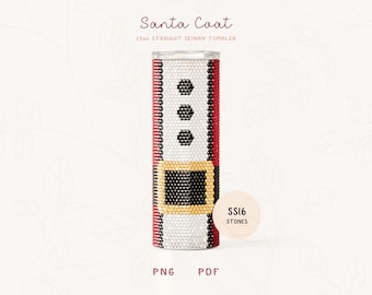 May include: A 20oz straight skinny tumbler with a Santa coat design. The tumbler is covered in rhinestones and features a red and white striped coat with a black belt and gold buckle. The text "SS16 STONES" is on a circle in the lower right corner of the image.