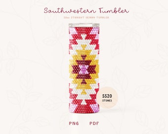 May include: A 20oz straight skinny tumbler with a Southwestern-inspired design featuring a geometric pattern in shades of red, white, yellow, and pink. The tumbler is made of stainless steel and has a clear lid. The text "SS20 STONES" is printed on a white circle.