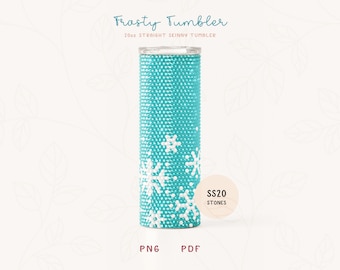 May include: A turquoise blue 20oz straight skinny tumbler with a white snowflake pattern. The tumbler has SS20 stones on it. PNG and PDF are written below the tumbler.