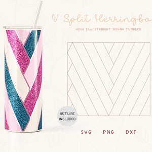 May include: A 20oz straight skinny tumbler with a pink, white, and blue glitter chevron pattern. The design is called "V Split Herringbone".