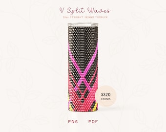 May include: A black and pink 20oz straight skinny tumbler with a geometric pattern of pink and yellow rhinestones. The tumbler has the text "V Split Waves" and "SS20 Stones" on it.