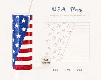 May include: A 20oz straight skinny tumbler with a glitter design of the American flag. The design features red and blue glitter with white stars. The tumbler is shown with a straw. The image also includes a line drawing of the American flag with stars and stripes. The text "USA Flag" and "TWO VERSIONS" are also included in the image.