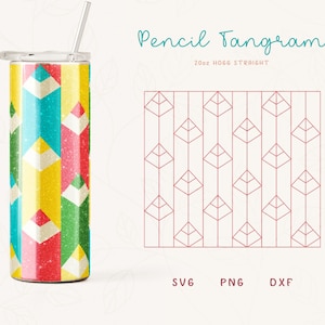 May include: A 20oz straight stainless steel tumbler with a colorful geometric pattern of pencils. The tumbler is shown with a straw. The image also shows a digital design of a repeating pattern of pencils in a geometric shape.