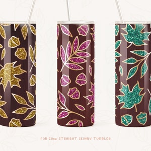 Hojas de otoño Glitter Skinny Tumbler Sublimación SEAMLESS Design / 3 colores BUNDLE Sublimación PNG para vasos rectos flacos de 20 oz