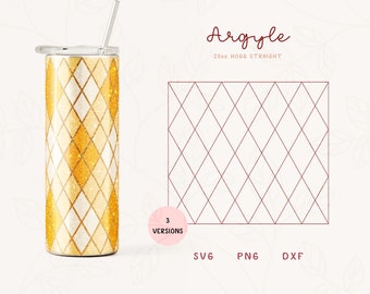 May include: A gold and white argyle patterned tumbler with a straw. The tumbler is 20oz and has a straight design. The image also includes a graphic of the argyle pattern and the text "Argyle 20oz HOGG STRAIGHT".