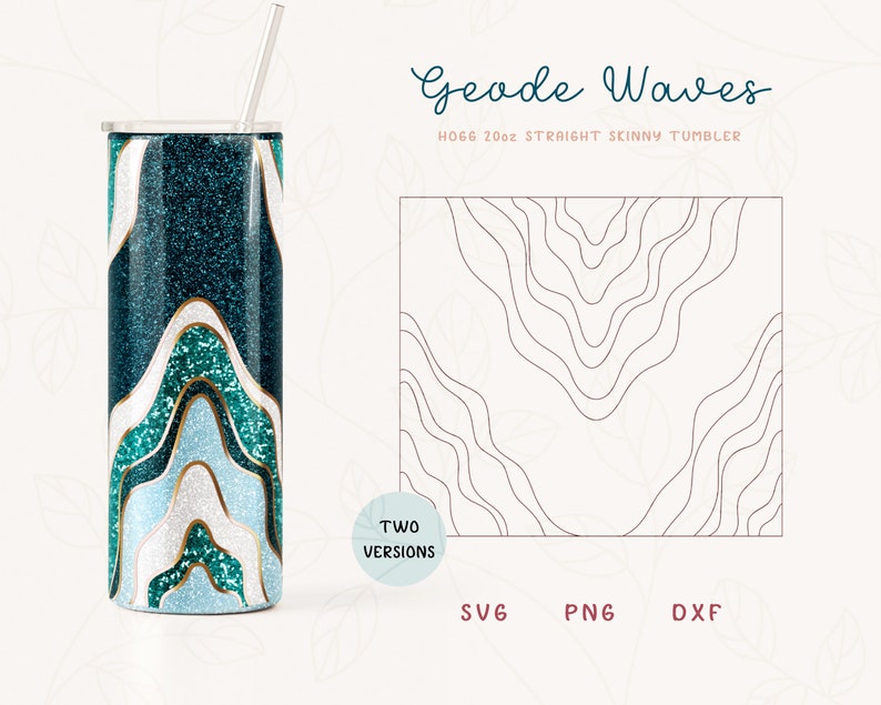 May include: A 20oz straight skinny tumbler with a teal, white, and gold geode design. The tumbler has a straw and lid. The image also includes a line art design and the words "Geode Waves".