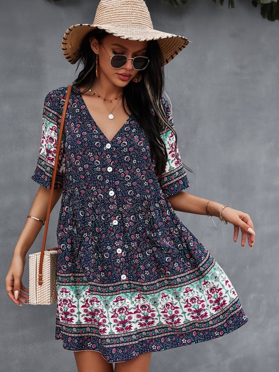 Boho Hippie Floral V Neck Loose Fit Short Sleeve Button Down