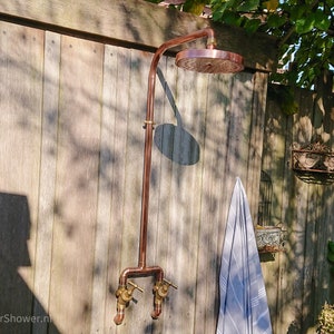 Copper outdoor shower Astrid - Hot and cold, handmade, wall-mounted, industrial design.