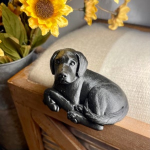 May include: A black Labrador Retriever dog figurine, sitting with its paws tucked under its body. The figurine is made of a smooth, black material and has a realistic appearance.