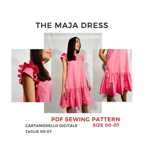 Sewing Digital Pattern - Short sleeve ruffle dress // Cartamodello PDF abito manica corta con alette e gonna con balza #themajadress