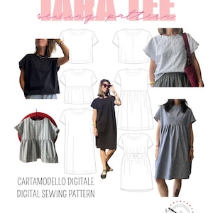 May include: A digital sewing pattern titled "Tara Tee" in pink script. The image features various examples of the tee and dress designs, including a black tee, a striped top, and a gray dress. The text "Digital Sewing Pattern" is also present.